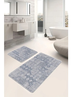 Rem Home Remhome 2li Set Gri Zeminde Örgü Motifli Eskitme Desenli Eskitme Motifli Sade & Şık 2'li Banyo Paspas Takımı Takım Banyo Paspası
