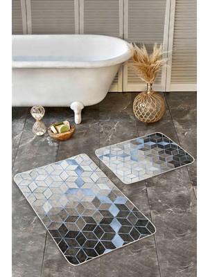 Rem Home Remhome 2'li Set Siyah - Mavi Zeminde Geometrik Motifli Mozaik Geometrik Klasik 2'li Banyo Paspas Takımı Takım Banyo Paspası