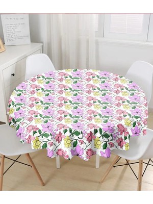 Rem Home Remhome Beyaz Zemin Üzerinde Renkli Çiçek Desenli Yuvarlak Masa Örtüsü - Çap 140CM 140 x 140 cm