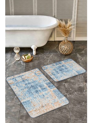 Rem Home Remhome 2'li Set Mavi - Krem Zeminde Örme Motifli Kilim Eskitme Motifli Vintage 2'li Banyo Paspas Takımı Takım Banyo Paspası