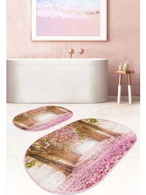 Rem Home Remhome Eflatun Sevgi Yolu Özel Tasarımlı 2'li Oval Kaymaz Tabanlı Banyo & Mutfak Paspas Takımı Takım Banyo Paspası