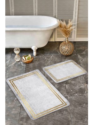 Rem Home Remhome 2'li Set Gold - Gri Zeminde Çerçeveli Motifli Eskitme Geometrik Klasik 2'li Banyo Paspas Takımı Takım Banyo Paspası