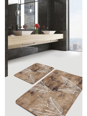 Rem Home Remhome 2'li Set Kahverengi Zeminde Retro Motifli Yaprak Vintage Eskitme Motifli 2'li Banyo Paspas Takımı Takım Banyo Paspası