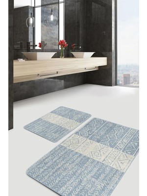 Rem Home Remhome Mavi - Bej Zeminde Geometrik Motifli Etnik Eskitme Motifli Geometrik 2'li Banyo Mutfak Paspas Takımı Takım Banyo Paspası