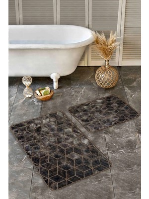 Rem Home Remhome 2'li Set Siyah - Füme Zeminde Geometrik Motifli Mozaik Geometrik Klasik 2'li Banyo Paspas Takımı Takım Banyo Paspası