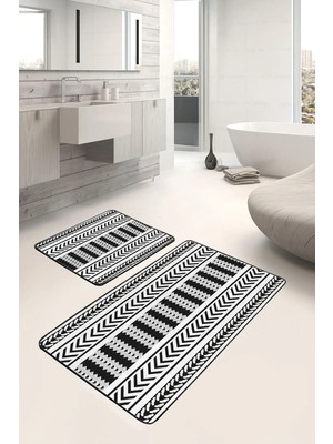 Rem Home Remhome Siyah - Beyaz Zeminde Geometrik Motifli Iskandinav Geometrik Sade & Şık 2'li Banyo Paspas Takımı Takım Banyo Paspası
