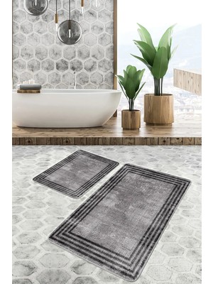 Rem Home Remhome Kahverengi Zeminde Çerçeveli Motifli Eskitme Desenli Klasik Eskitme Motifli 2'li Banyo Paspas Takımı Takım Banyo Paspası