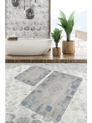 Rem Home Remhome 2'li Set Krem - Mavi Zeminde Patchwork Motifli Yöresel Klasik Vintage 2'li Banyo Paspas Takımı Takım Banyo Paspası