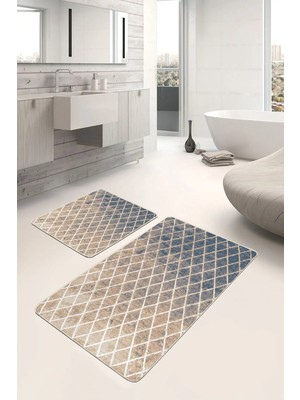 Rem Home Remhome 2'li Set Krem Zeminde Baklava Motifli Antik Geometrik Eskitme Motifli 2'li Banyo Paspas Takımı Takım Banyo Paspası