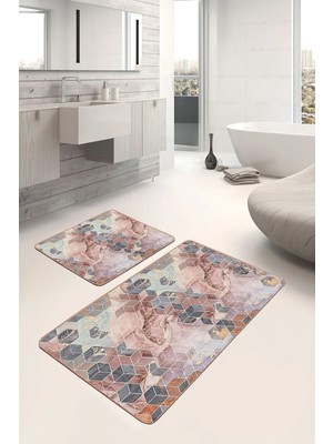 Rem Home Remhome 2'li Set Altın - Pembe Zeminde Mozaik Motifli Mermer Geometrik Modern 2'li Banyo Paspas Takımı Takım Banyo Paspası