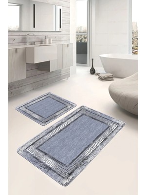 Rem Home Remhome 2'li Set Mavi Zeminde Çerçeveli Motifli Antik Geometrik Eskitme Motifli 2'li Banyo Paspas Takımı Takım Banyo Paspası