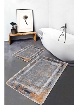 Rem Home Remhome 2'li Set Renkli Zeminde Çerçeve Motifli Eskitme Eskitme Motifli Klasik 2'li Banyo Paspas Takımı Takım Banyo Paspası