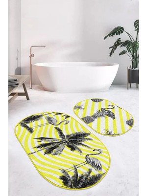 Rem Home Remhome Sarı Çizgili Zemin Siyah Flamingo Tasarımlı 2'li Oval Kaymaz Tabanlı Banyo & Mutfak Paspas Takımı Takım Banyo Paspası