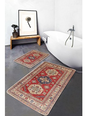 Rem Home Remhome Kırmızı Zeminde Yöresel Motifli Osmanlı Avangarde Etnik Motifler 2'li Banyo & Mutfak Paspas Takımı Takım Banyo Paspası