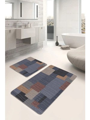 Rem Home Remhome Çok Renkli Zeminde Dokuma Halı Motifli Patchwork Geometrik Sade Şık 2'li Banyo Mutfak Paspas Takımı Takım Banyo Paspası