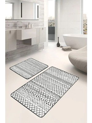 Rem Home Remhome Siyah Bej Zeminde Eskitme Motifli Iskandinav Etnik Motifler Vintage 2'li Banyo Mutfak Paspas Takımı Takım Banyo Paspası