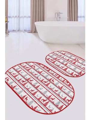 Rem Home Remhome Kırmızı Gri Yılbaşı Temalı Dijital Baskılı 2'li Oval Kaymaz Tabanlı Banyo & Mutfak Paspas Takımı Takım Banyo Paspası