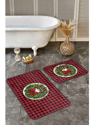 Rem Home Remhome Kırmızı Ekose Motifli Yılbaşı Temalı 2'li Mutfak Paspas Takımı & Banyo Halısı Seti Takım Banyo Paspası