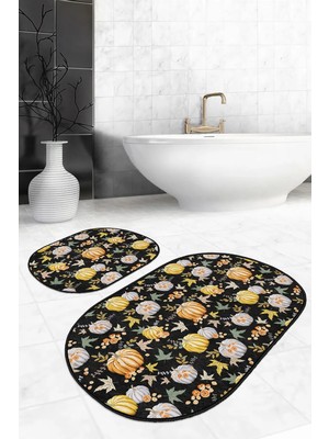 Rem Home Remhome Siyah Zemin Kabak & Yaprak Motifli 2'li Oval Kaymaz Tabanlı Banyo & Mutfak Paspas Takımı Takım Banyo Paspası