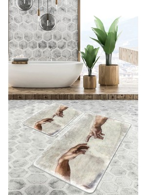 Rem Home Remhome 2'li Set Adem'in Yaratılışı Yağlıboya Motifli Tablo Desenli Vintage Sade Şık 2'li Banyo Paspas Takım Takım Banyo Paspası