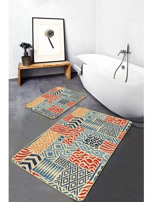 Rem Home Remhome 2'li Set Krem Zeminde Patchwork Motifli Patchwork Desenli Geometrik Klasik 2'li Banyo Paspas Takımı Takım Banyo Paspası