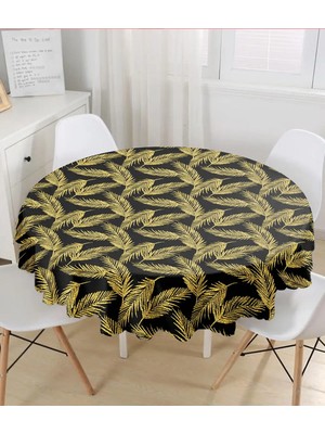 Rem Home Remhome Siyah Zemin Üzerinde Gold Renkli Yaprak Desenli Modern Yuvarlak Masa Örtüsü - Çap 140CM 140 x 140 cm
