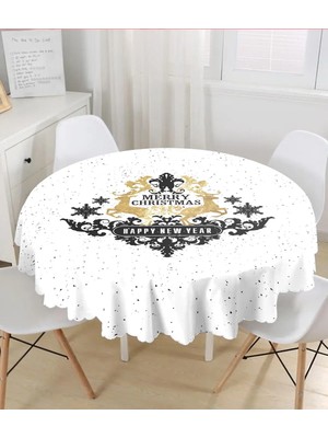 Rem Home Remhome Siyah Beyaz Geyikli Mery Christmas Motifli Dijital Baskılı Modern Yuvarlak Masa Örtüsü  Çap 140CM 140 x 140 cm