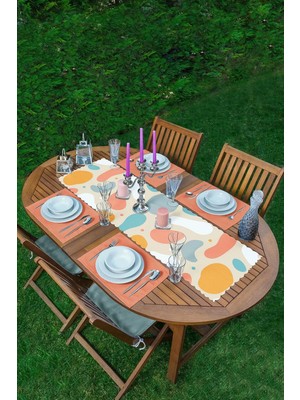 Rem Home Remhome Hardal Zeminde Onedraw Çizimli Oval Desenler 1 Adet Runner & 4 Adet Mercan Renkli Amerikan Servis