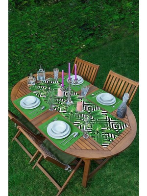 Rem Home Remhome Geometrik Zeminde Yeşil Yaprak Desenli Modern 1 Adet Runner & 4 Adet Yeşil Renkli Amerikan Servis