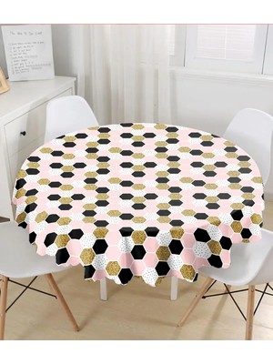 Rem Home Remhome Geometrik Petek Desenli Altın Detaylı Modern Yuvarlak Masa Örtüsü - Çap 140CM 140 x 140 cm