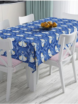 Rem Home Remhome Mavi Zemin Kelebek Çiçekli Özel Tasarım Dijital Baskılı Modern Masa Örtüsü 90 x 90 cm