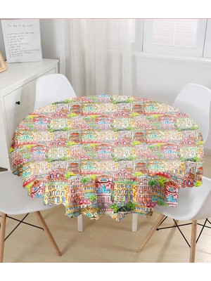 Rem Home Remhome Siyah Zeminde Pembe Geometrik Desenli Yuvarlak Masa Örtüsü - Çap 140CM 140 x 140 cm