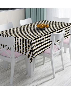 Rem Home Remhome Beyaz Zemin Üzerinde Siyah Çizgili Gold Detaylı Puantiyeli Dijital Baskılı Masa Örtüsü 90 x 90 cm