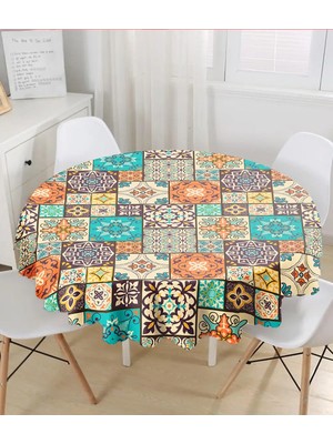 Rem Home Remhome Etnik Krem Üç Büyük Kare Desen Tasarımlı Yuvarlak Masa Örtüsü - Çap 140CM 140 x 140 cm