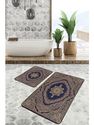 Rem Home Remhome 2'li Set Lacivert Zeminde Osmanlı Motifli Kilim Eskitme Motifli Vintage 2'li Banyo Paspas Takımı Takım Banyo Paspası