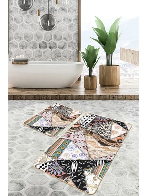 Rem Home Remhome 2'li Set Etnik Zeminde Patchwork Motifli Geleneksel Desenli Vintage Klasik 2'li Banyo Paspas Takımı Takım Banyo Paspası