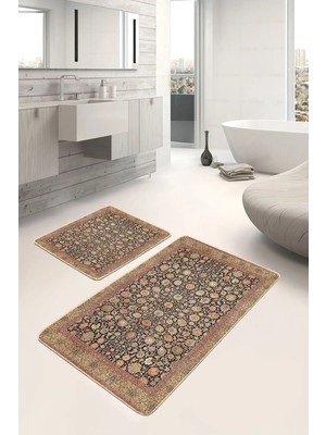 Rem Home Remhome Sarı Zeminde Uşak Motifli Kilim Desenli Etnik Motifler Vintage 2'li Banyo & Mutfak Paspas Takımı Takım Banyo Paspası