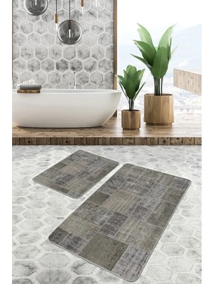 Rem Home Remhome 2'li Haki Zeminde Patchwork Motifli Etnik Desenli Vintage Klasik 2'li Banyo & Mutfak Paspas Takımı Takım Banyo Paspası