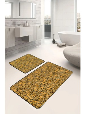 Rem Home Remhome 2'li Set Turuncu - Siyah Zeminde Kaplan Motifli Post Klasik Sade & Şık 2'li Banyo Paspas Takımı Takım Banyo Paspası
