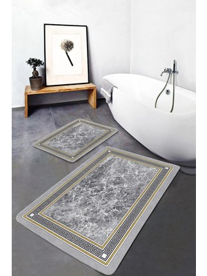 Rem Home Remhome Gri - Siyah Zeminde Çerçeveli Motifli Antika Avangarde Geometrik 2'li Banyo & Mutfak Paspas Takımı Takım Banyo Paspası