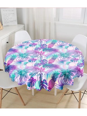 Rem Home Remhome Mavi Zeminde Tropikal Objeler Modern Yuvarlak Masa Örtüsü - Çap 140CM 140 x 140 cm