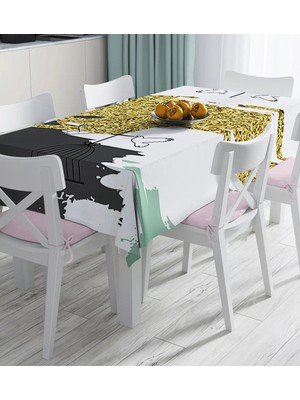 Rem Home Remhome Kafes ve Kuş Motifli Gold Modern Motifler Dijital Baskılı Masa Örtüsü 90 x 90 cm