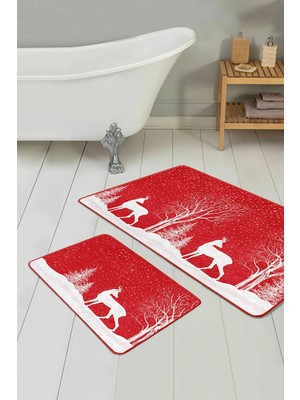Rem Home Remhome Yılbaşı Temalı Beyaz Geyik Motifli 2'li Mutfak Paspas Takımı & Banyo Halı Seti Takım Banyo Paspası