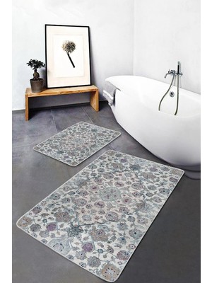 Rem Home Remhome Krem Zeminde Dokuma Halı Motifli Eskitme Avangarde Etnik Motifler 2'li Banyo & Mutfak Paspas Takımı Takım Banyo Paspası