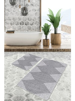 Rem Home Remhome Gri - Siyah Zeminde Baklava Motifli El Dokuma Sade & Şık Geometrik 2'li Banyo & Mutfak Paspas Takımı Takım Banyo Paspası