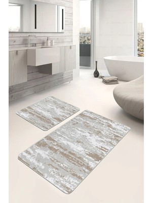 Rem Home Remhome Gri - Bej Zeminde Eskitme Motifli Eskitme Eskitme Motifli Klasik 2'li Banyo & Mutfak Paspas Takımı Takım Banyo Paspası
