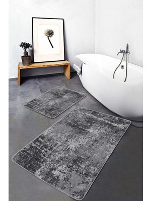 Rem Home Remhome 2'li Set Füme Zeminde Eskitme Motifli Duvar Desenli Eskitme Motifli Vintage 2'li Banyo Paspas Takımı Takım Banyo Paspası