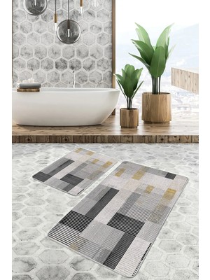 Rem Home Remhome Ekru - Siyah Zeminde El Dokuma Motifli Kilim Sade & Şık Geometrik 2'li Banyo & Mutfak Paspas Takımı Takım Banyo Paspası