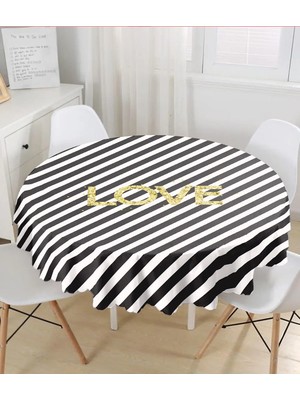 Rem Home Remhome Beyaz Zemin Üzerinde Siyah Yatay Çizgili Gold Renkli Love Yazılı Yuvarlak Masa Örtüsü - Çap 140CM 140 x 140 cm