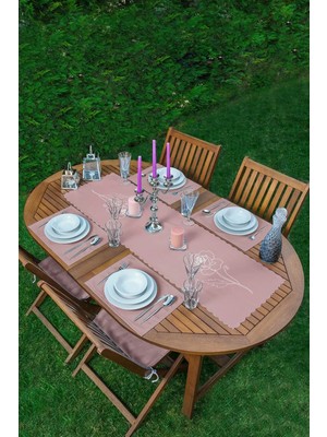 Rem Home Remhome Pastel Zeminde Beyaz Çiçek Desenli Modern 1 Adet Runner & 4 Adet Koyu Pembe Renkli Amerikan Servis